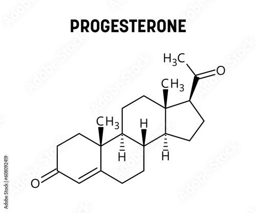Progesterone molecular structure. Progesterone is an endogenous steroid and progestogen sex hormone involved in the menstrual cycle, pregnancy, and embryogenesis. Vector structural formula of chemical