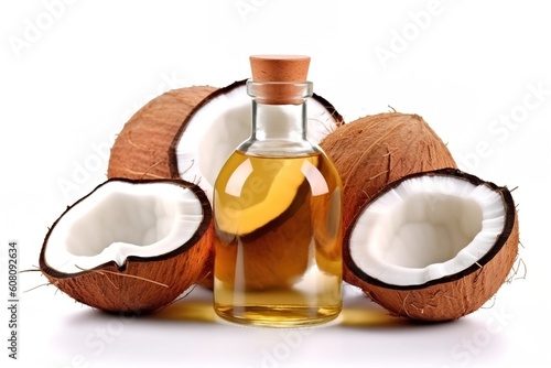 Portrait coconut oil with coconut fruits isolated on white AI Generative