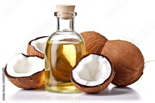 Portrait coconut oil with coconut fruits isolated on white AI Generative