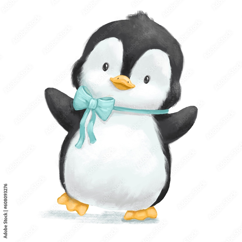 Fototapeta premium Hand drawn illustration of cute little baby penguin with blue bow isolated on white background
