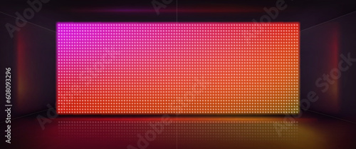 Led screen with light effect on stage. Background with digital monitor with color pixels, video panel with light dots for concert, show or cinema, vector realistic illustration