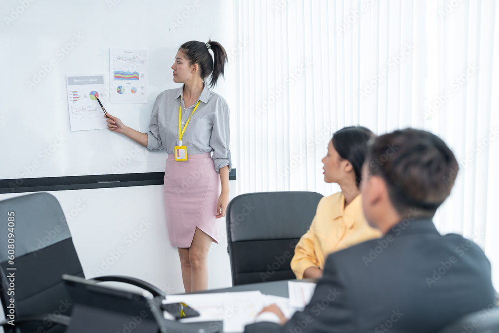 Business group meetings and corporate discussion about last year's review and a new business plan in the office.Talking and planning work happily and have fun. at the company's office