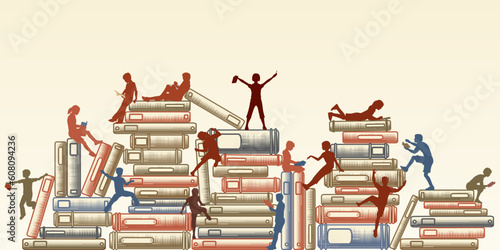 Editable vector illustration of children reading and clambering over piles of books