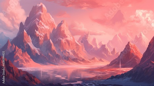 Pink Slopes driving to Frosty Mountain. Illustration, AI Generated