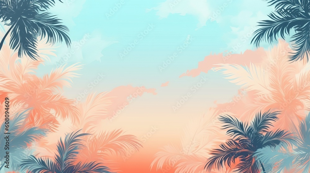 Summer tropical pastel foundation with palm. Illustration, AI Generated