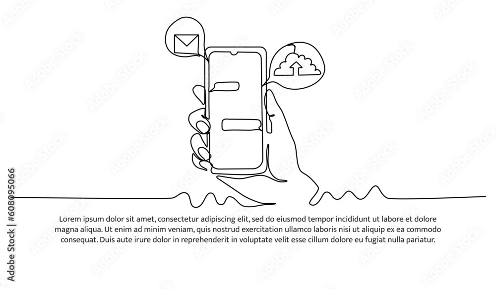 Continuous line design of a hand holding a cell phone to send information to each other. Decorative elements drawn on a white background. Continuous line design of a hand holding a cell phone to send information to each other. Decorative elements drawn on a white background.