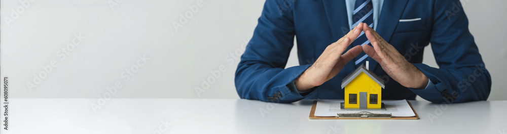 Fototapeta premium copy space, banner, panorama Businessmen, accountants, lawyers work in the office investment, insurance, detailed information record. Financial contract documents, hire-purchase, protection, care.