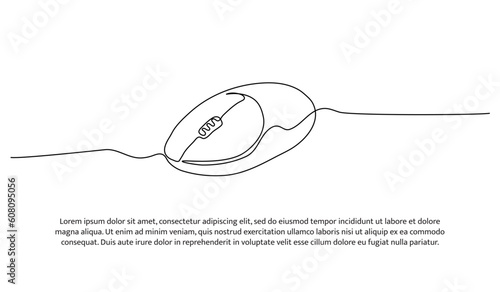 Continuous line design of computer pointing mouse. Computer device symbol design concept. Decorative elements drawn on a white background.
