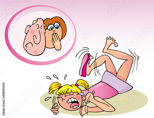 Cartoon illustration of naughty girl and her parrents