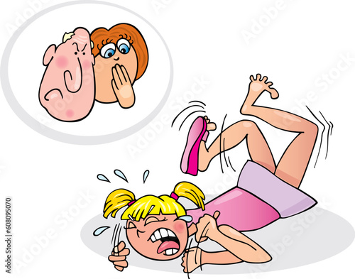 Cartoon illustration of naughty girl and her parrents