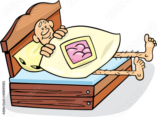 Cartoon illustration of man in too short bed