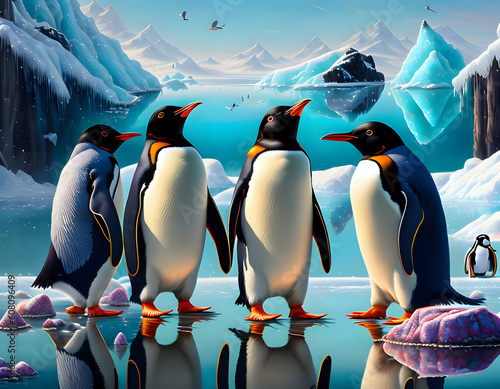 emperor penguin colony on the beach, snow, cold, animals, ice, birds, winter, wh Fototapet