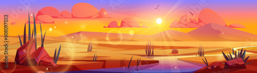 River flowing through Sahara desert. Vector cartoon illustration of sandy dunes landscape at sunset, stones on bank, green cacti plants growing near water, sunlight flaring in air, birds flying in sky