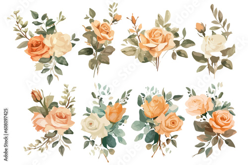 Set watercolor elements of pink roses; collection garden flowers; leaves; Branches, Watercolor floral seamless pattern with colorful wildflowers, leaves, plants, Wedding background.