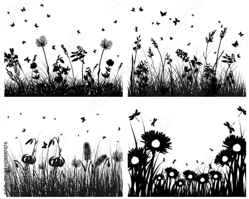 Set of four vector grass silhouettes backgrounds
