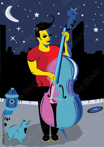 Vector illustration of a man playing the double bass, and singing on the street, and a cat looking at him