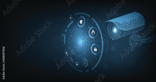 Concept of surveillance and monitoring. Camera Technology Safety Concept Design. Camera vector low poly mesh design on a dark blue background, Security system, CCTV Security concept.