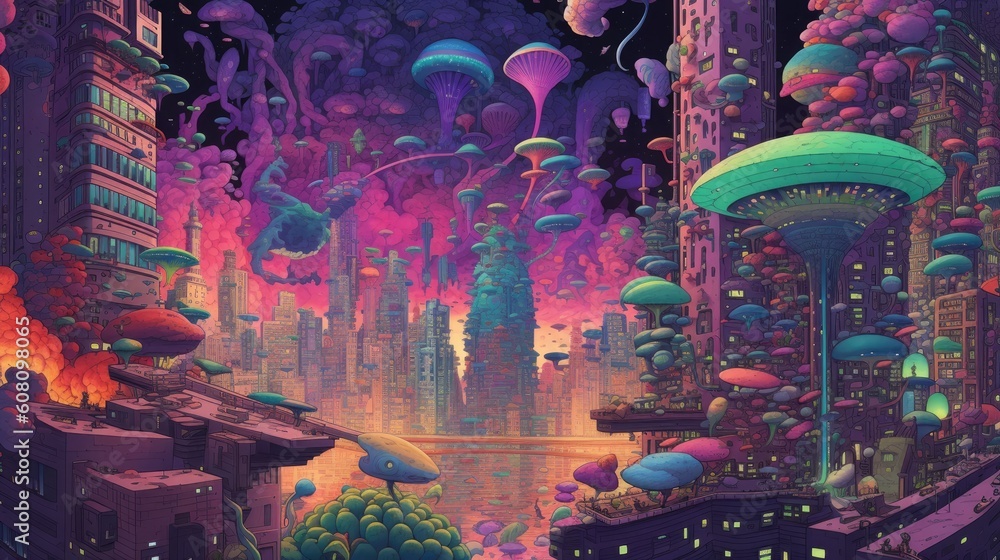 surreal cityscape immersed in a mind-bending psychedelic dreamscape