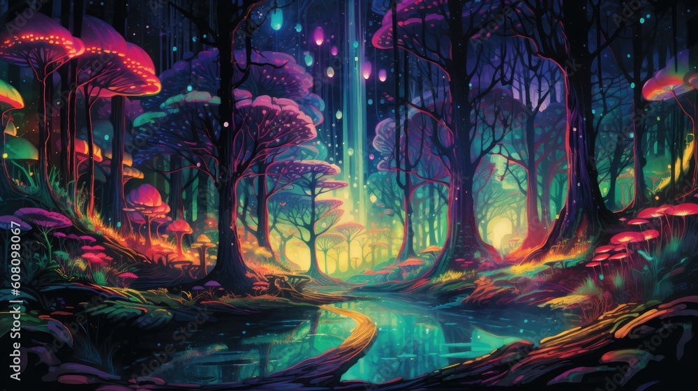 Fototapeta premium a surreal journey through a psychedelic multicolored forest 