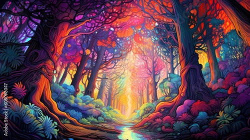 a surreal journey through a psychedelic forest