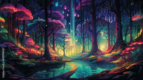 a surreal journey through a psychedelic multicolored  forest 