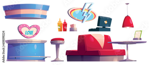 Retro diner, fast food restaurant interior. Vintage coffee shop in 50s style, american cafe with counter, cashbox, table, sofa and neon sign isolated on white background, vector cartoon set