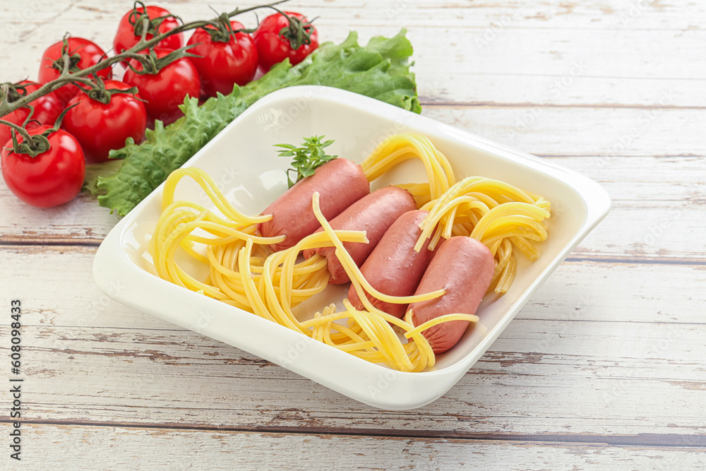 Mini sausages with pasta spaghetti Mini sausages with pasta spaghetti