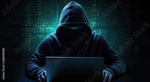 A hacker in black hoodie and black mask working on his laptop.