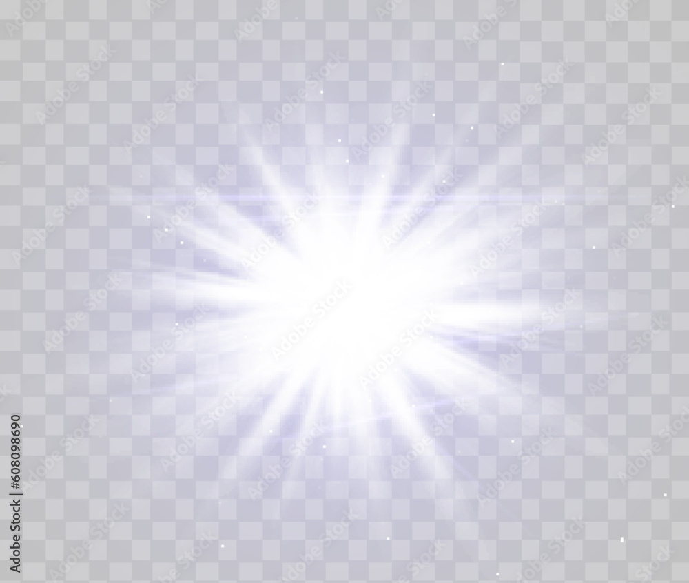 Glowing isolated white transparent set of light effects, glare, explosion, glitter, line, sun flare, spark and stars.Beautiful star.