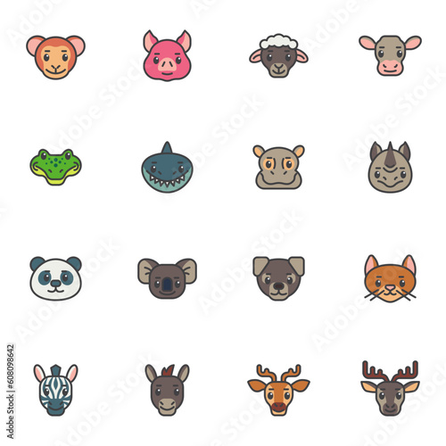 Cartoon animals head filled outline icons set photo