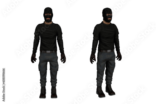 3d rendering thief character with balaclava with two poses