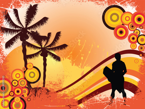 vector eps10 illustration of a surfer silhouette on an abstract summer background