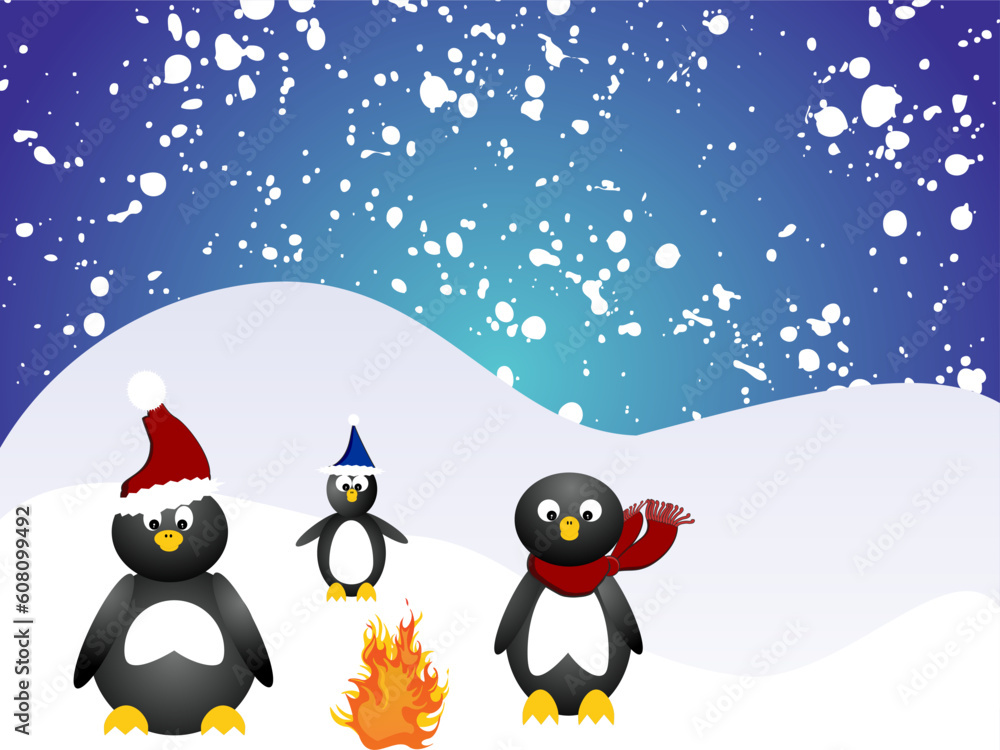 vector eps10illustration of penguins around a fire on ice vector eps10illustration of penguins around a fire on ice