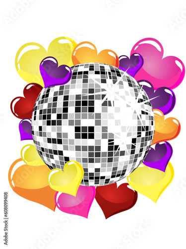 vector eps10 illustration of colorful hearts around a mirror ball