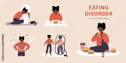 Eating disorder. Sad african woman worries about being overweight. Overeating, bulimia, anorexia. Food addiction concept. Rejection of yourself. Set of vector illustrations in flat cartoon style.