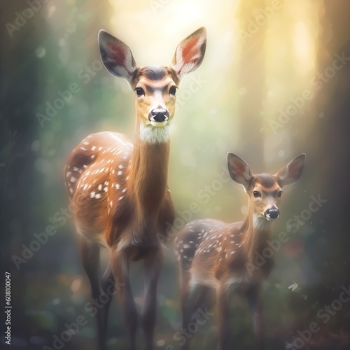 Realistic deer with baby in nature background made with generative ai technology