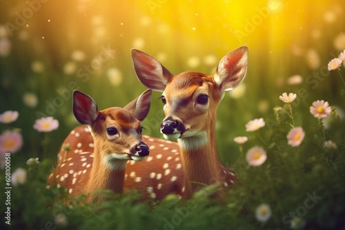 Realistic deer with baby in nature background made with generative ai technology