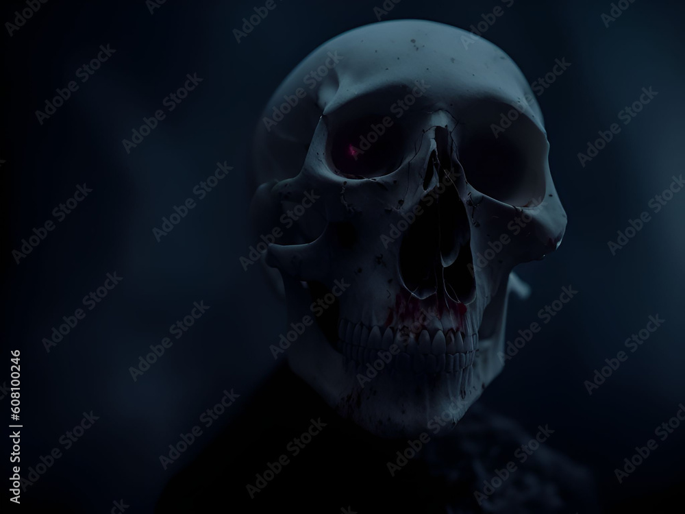 Fototapeta premium Scary ghost skull on dark background. Generative ai