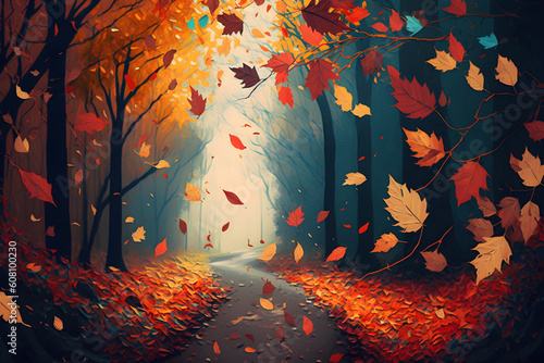 forest path between trees with colorful leaves falling from the trees, Generative AI