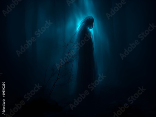 Obraz na płótnie Scary ghost on dark background. Generative ai