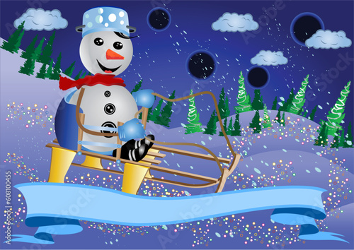 Vector illustration of a smiling snowman sledging, with a decoration banner.