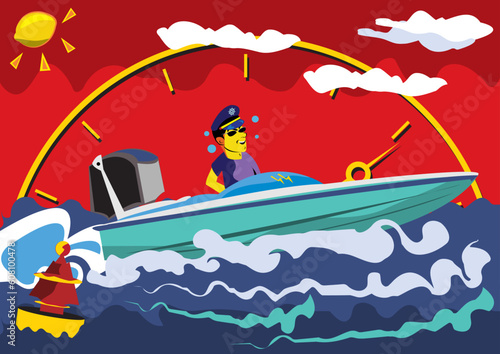 Abstract vector illustration of a speed motor boat with a buoy in the water and clouds and lemon on the red sky. On the background we can see the speedometer and the man inside the vehicle could be a 