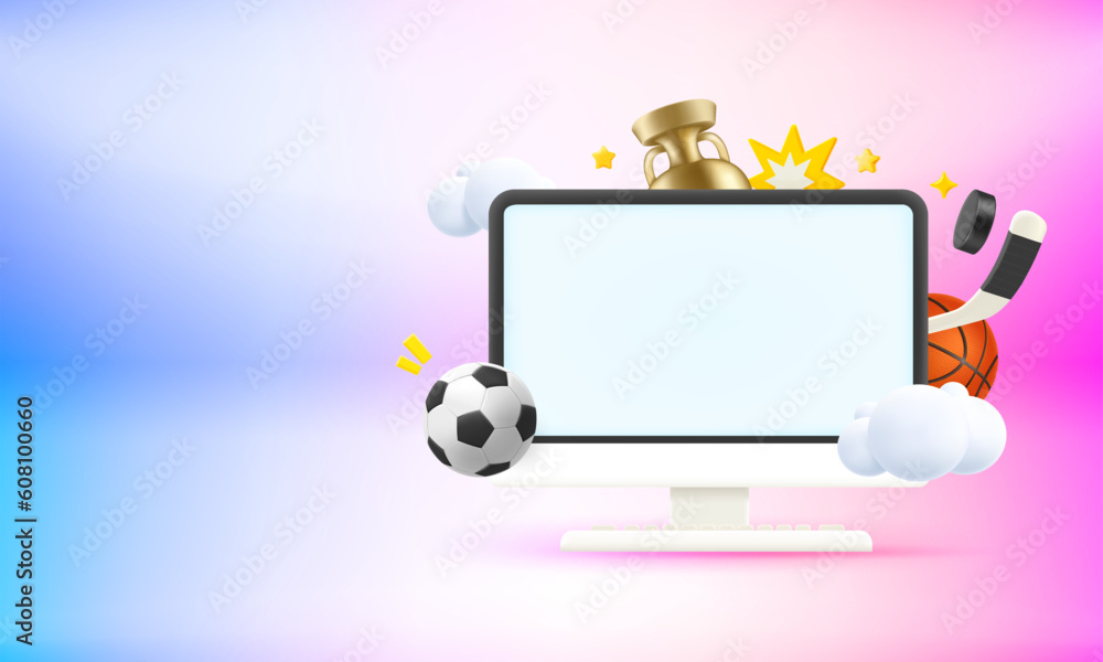 Computer monitor with sports elements and blank screen. 3d vector banner with copy space
Computer monitor with sports elements and blank screen. 3d vector banner with copy space