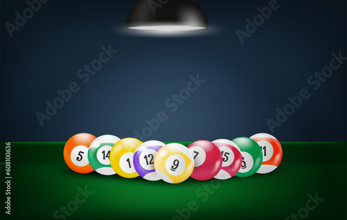 Color billiard balls on green table with lamp. 3d vector banner with copy space
