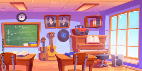 Cartoon music classroom interior with furniture and instruments. Vector illustration of school room with vintage piano, guitar, violin, tape recorder, books, composer portraits on wall, blackboard