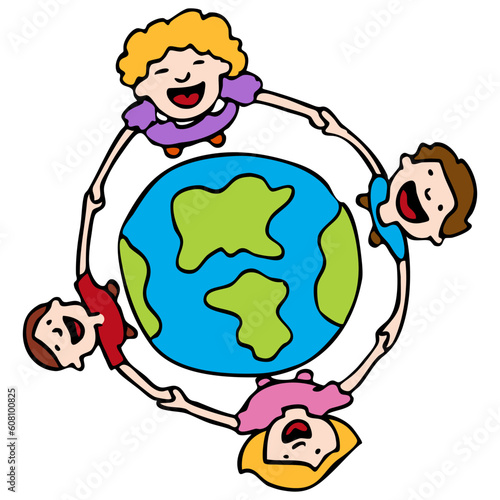 An image of a children holding hands around the Earth.