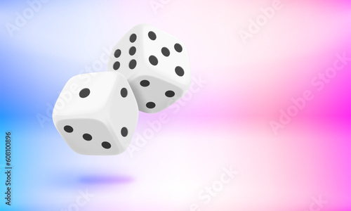 White dice isolated on white background. Gamebling concept. 3d vector banner with copy space 