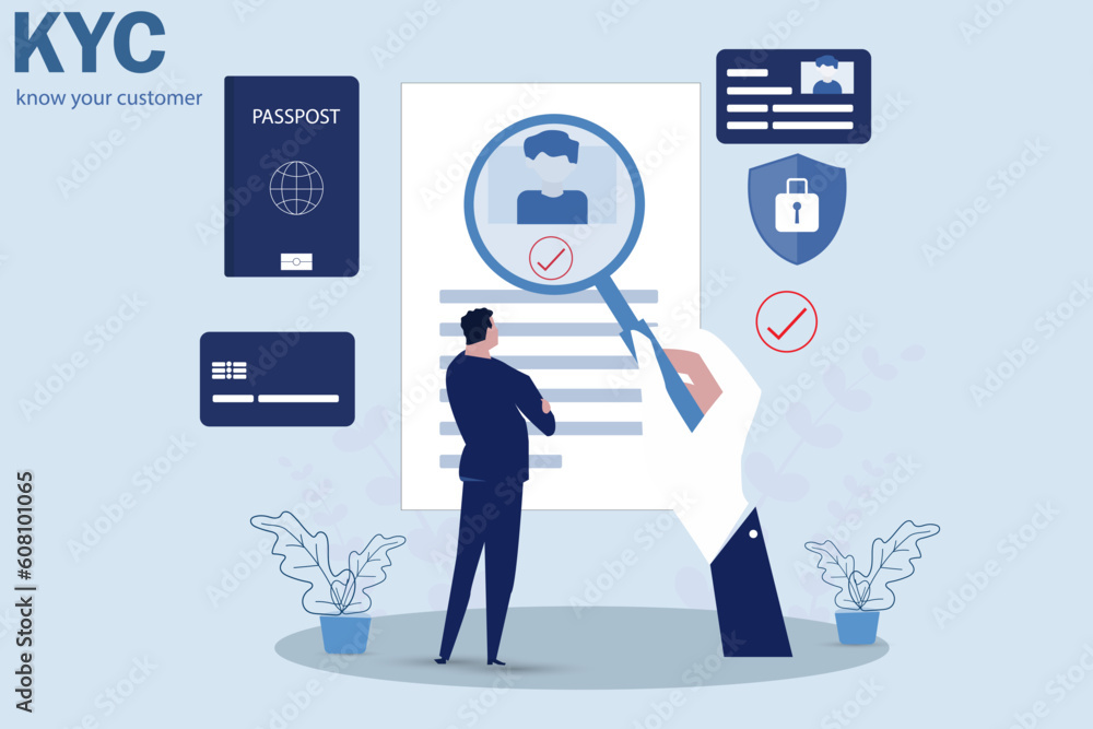 KYC or know your customer with business verifying the identity of its clients concept at the partners-to-be through a magnifying glass vector illustrator. KYC or know your customer with business verifying the identity of its clients concept at the partners-to-be through a magnifying glass vector illustrator.