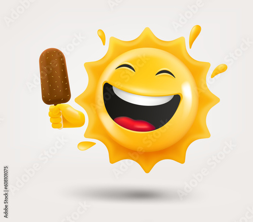 Happy sun emoji with icecream in a hand. 3d vector isolated on white background