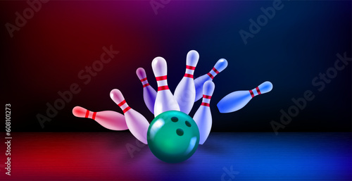 Billiard skittles and the ball on bowling valley. 3d vector illustration. Strike concept